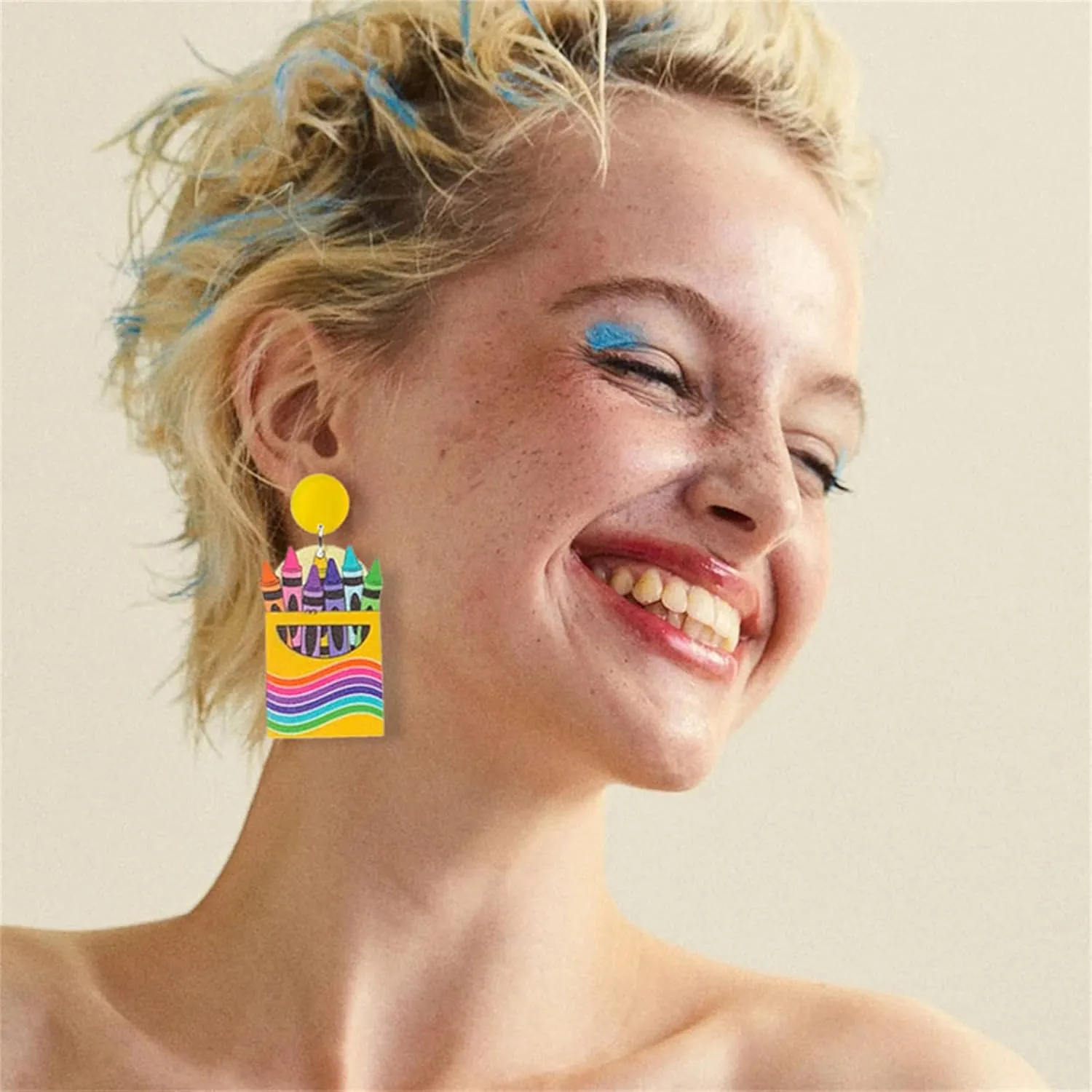 Handmade Wooden Pencil Drop Earring Lightweight Apple Rainbow Pencil Dinosaur Book Wood Earrings Funny Caterpillar Teacher Student Dangle Earrings for Women Back to School Gift