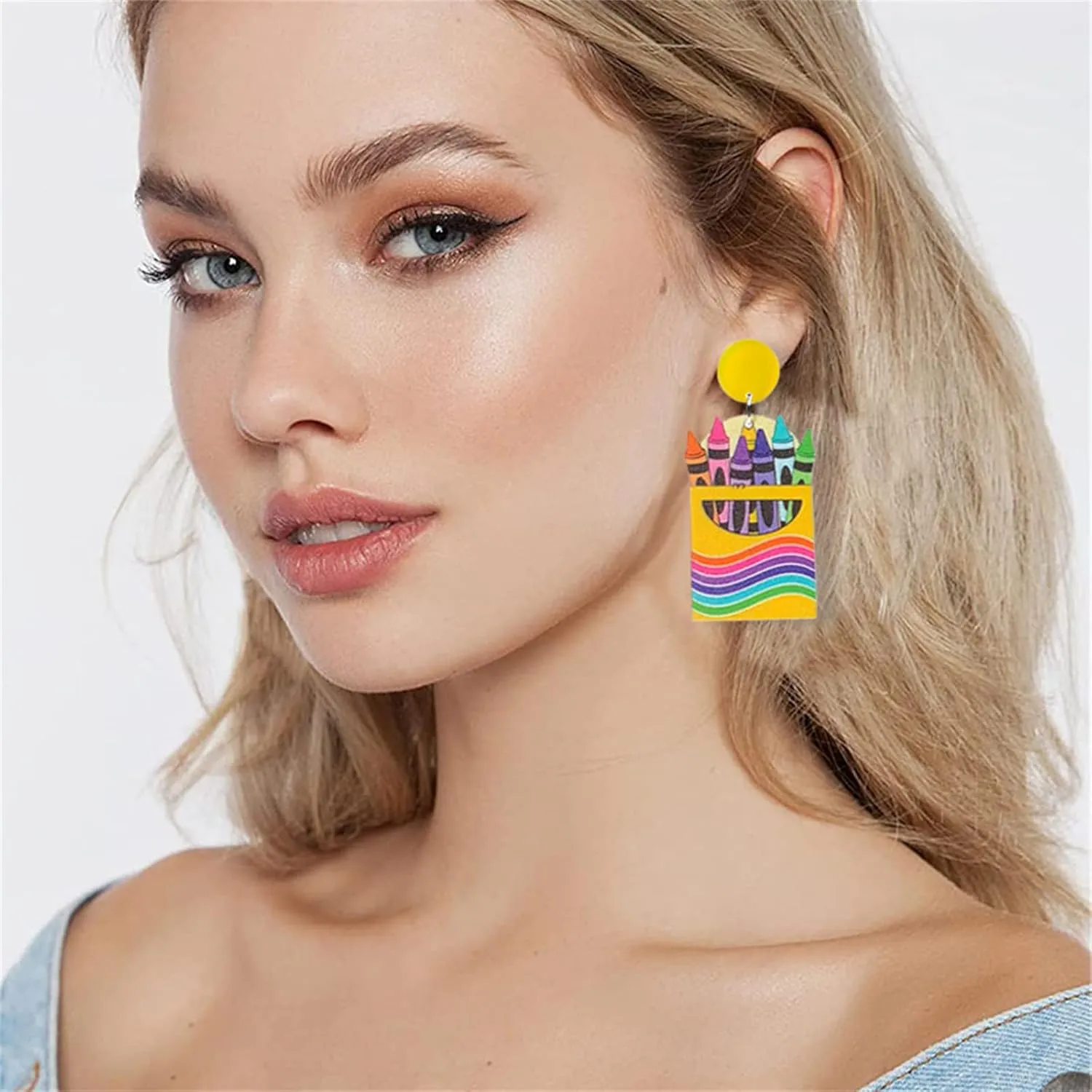 Handmade Wooden Pencil Drop Earring Lightweight Apple Rainbow Pencil Dinosaur Book Wood Earrings Funny Caterpillar Teacher Student Dangle Earrings for Women Back to School Gift
