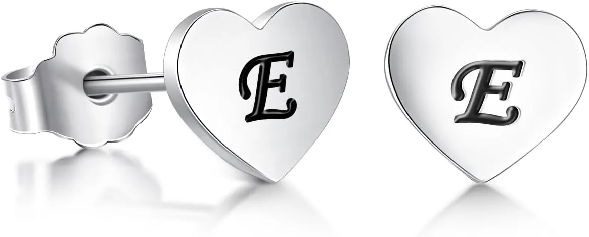Heart Stud Earrings 7mm Heart Shaped with A-Z Letter Hypoallergenic Earrings for Women Girls Platinum Plated