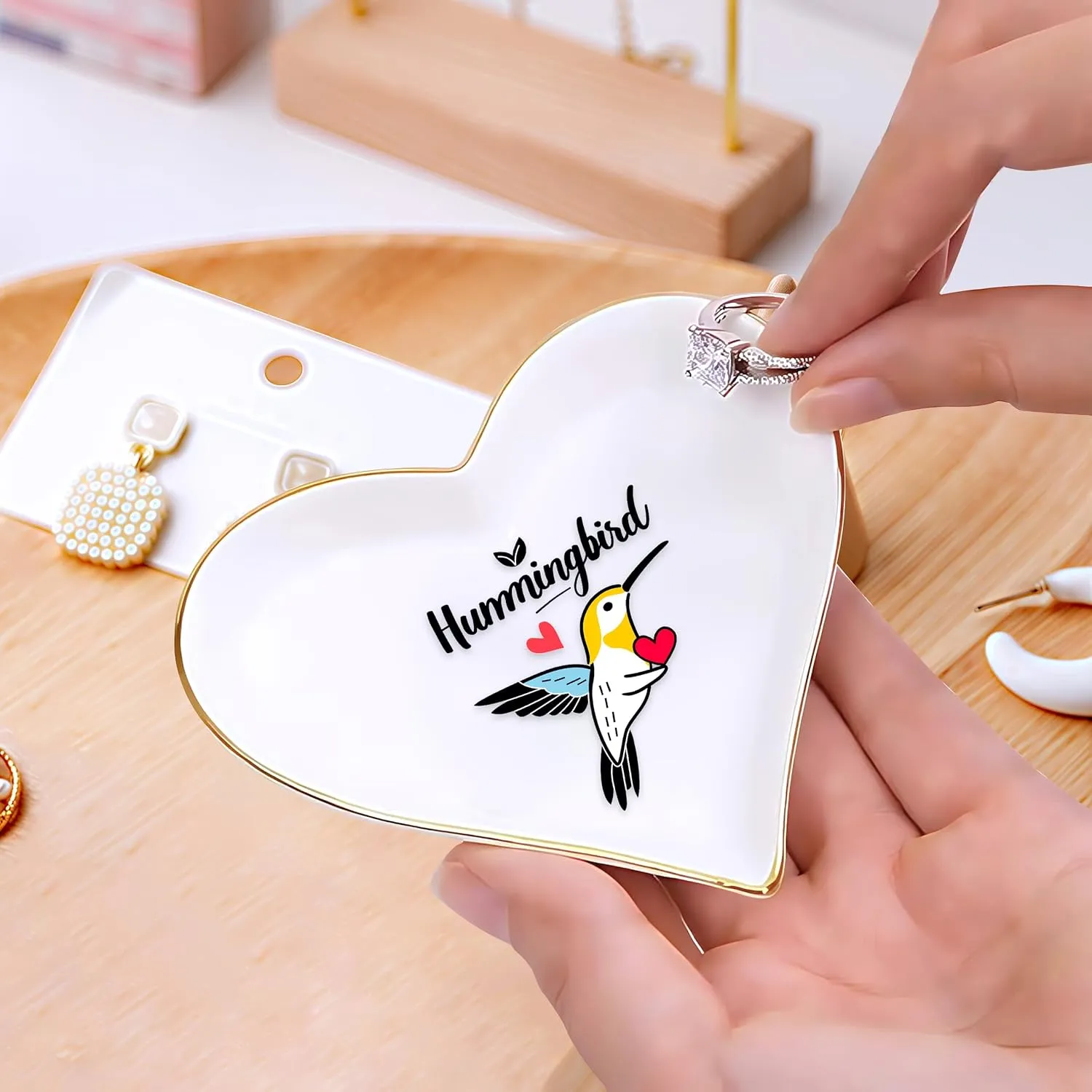 Hummingbird Ring Holder Dish Tray, Gifts For Women Teens Girls Kids, Hummingbird Lovers Themed Stuff Things Decor Merch, Home Room Ring Earrings Necklace Organizer Holder!
