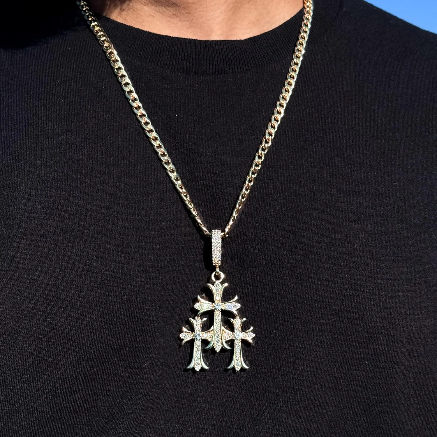 ICE STAR Men's Iced Out Triple Cross Necklace with 24 inch Chain - Luxury Religious Jewelry