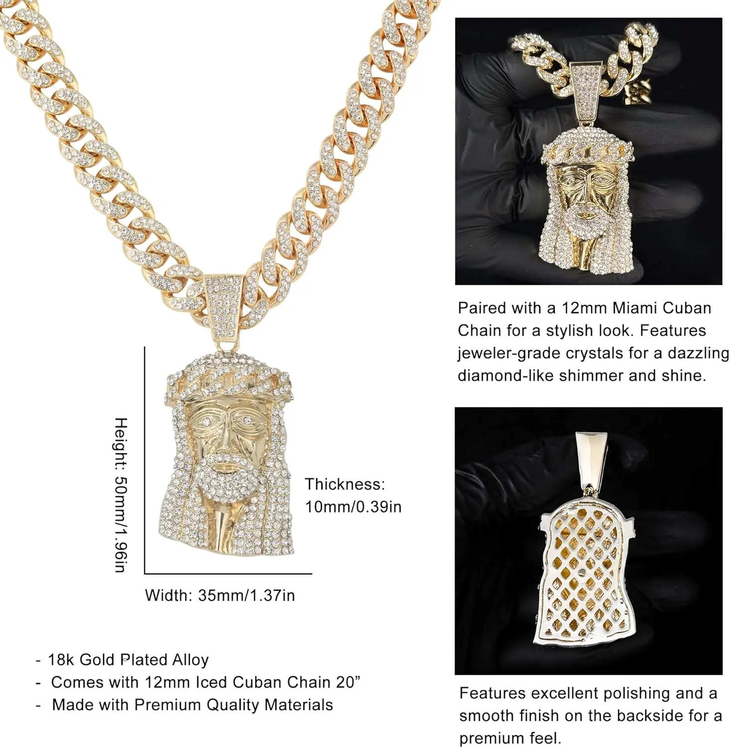 ICE STAR Men's Large CZ Pendant & 12mm Iced Out Cuban Necklace