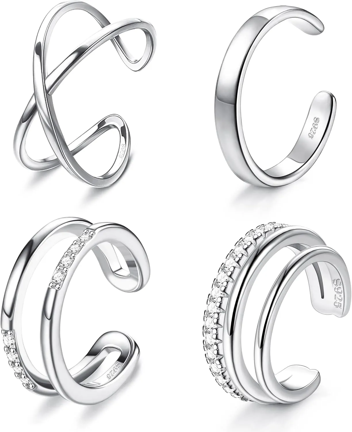 JeryWe 4 Pcs 925 Sterling Silver Ear Cuff for Women Non Piercing Adjustable Ear Cuff Earrings Clip On Cartilage Helix Wrap Ear Jewelry Set
