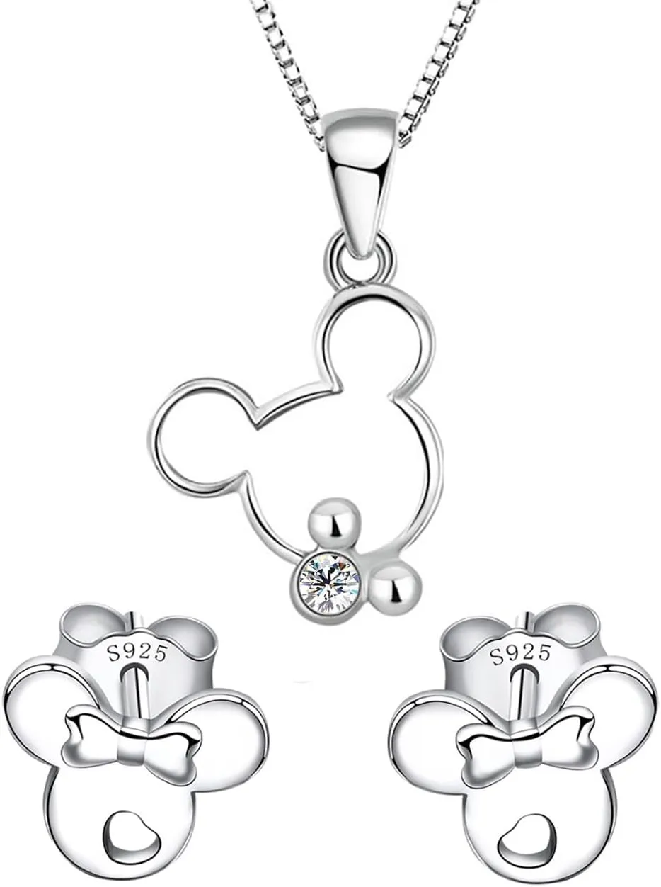 Jewellery Set for Women - Rose Gold 925 Sterling Silver clear Zirconia Mouse Pendant Necklace with cute Mouse Stud Earrings Jewelry Set for Women and Girls Birthday Gift