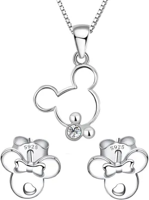 Jewellery Set for Women - Rose Gold 925 Sterling Silver clear Zirconia Mouse Pendant Necklace with cute Mouse Stud Earrings Jewelry Set for Women and Girls Birthday Gift