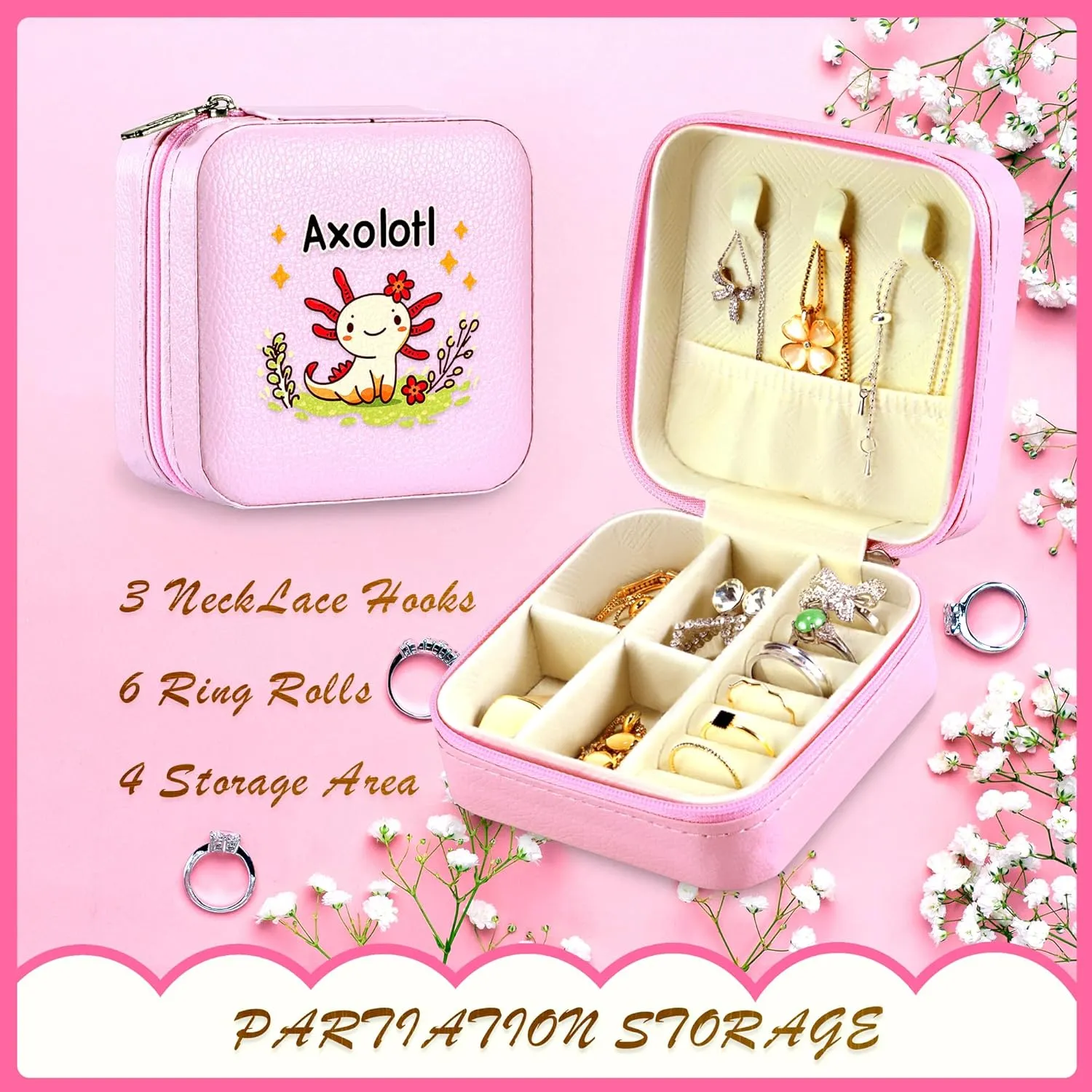 Jewelry Box, Axolotl Gifts For Teens Teenage Girls Kids Age 6 7 8 9 10 11 12, Axolotl Lovers Stuff Items Accessories Things Decor, Travel Ring Earrings Necklace Organizer Holder!