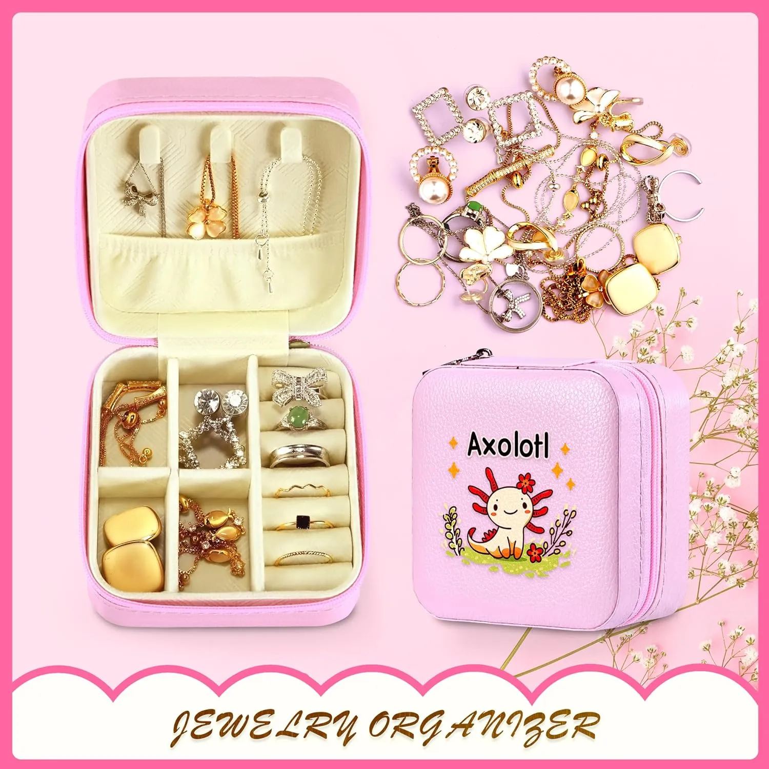 Jewelry Box, Axolotl Gifts For Teens Teenage Girls Kids Age 6 7 8 9 10 11 12, Axolotl Lovers Stuff Items Accessories Things Decor, Travel Ring Earrings Necklace Organizer Holder!