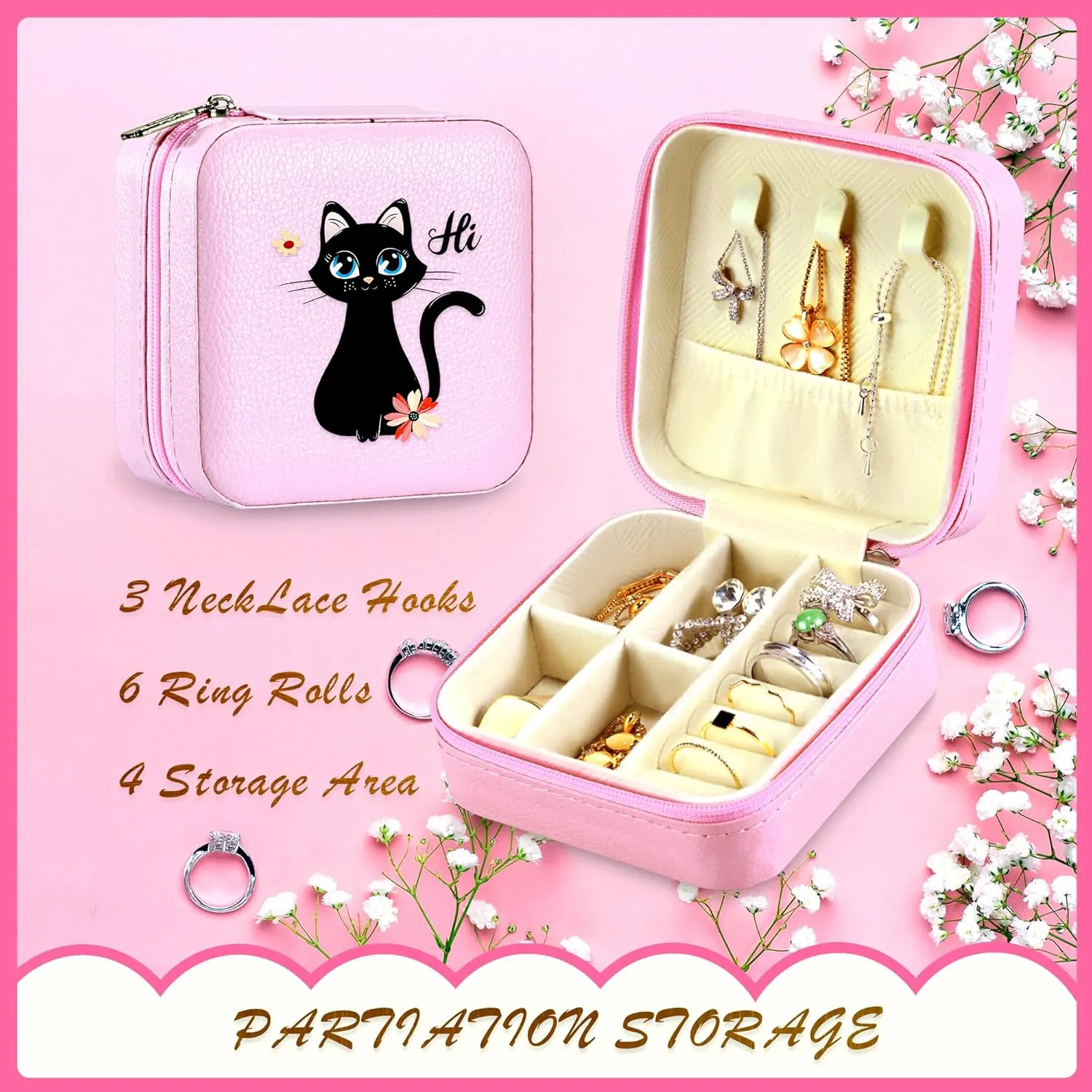 Jewelry Box, Black Cat Gifts For Teens Teenage Girls Kids Age 6 7 8 9 10 11 12, Black Cat Lovers Stuff Items Things Decor, Travel Ring Earrings Necklace Organizer Holder!