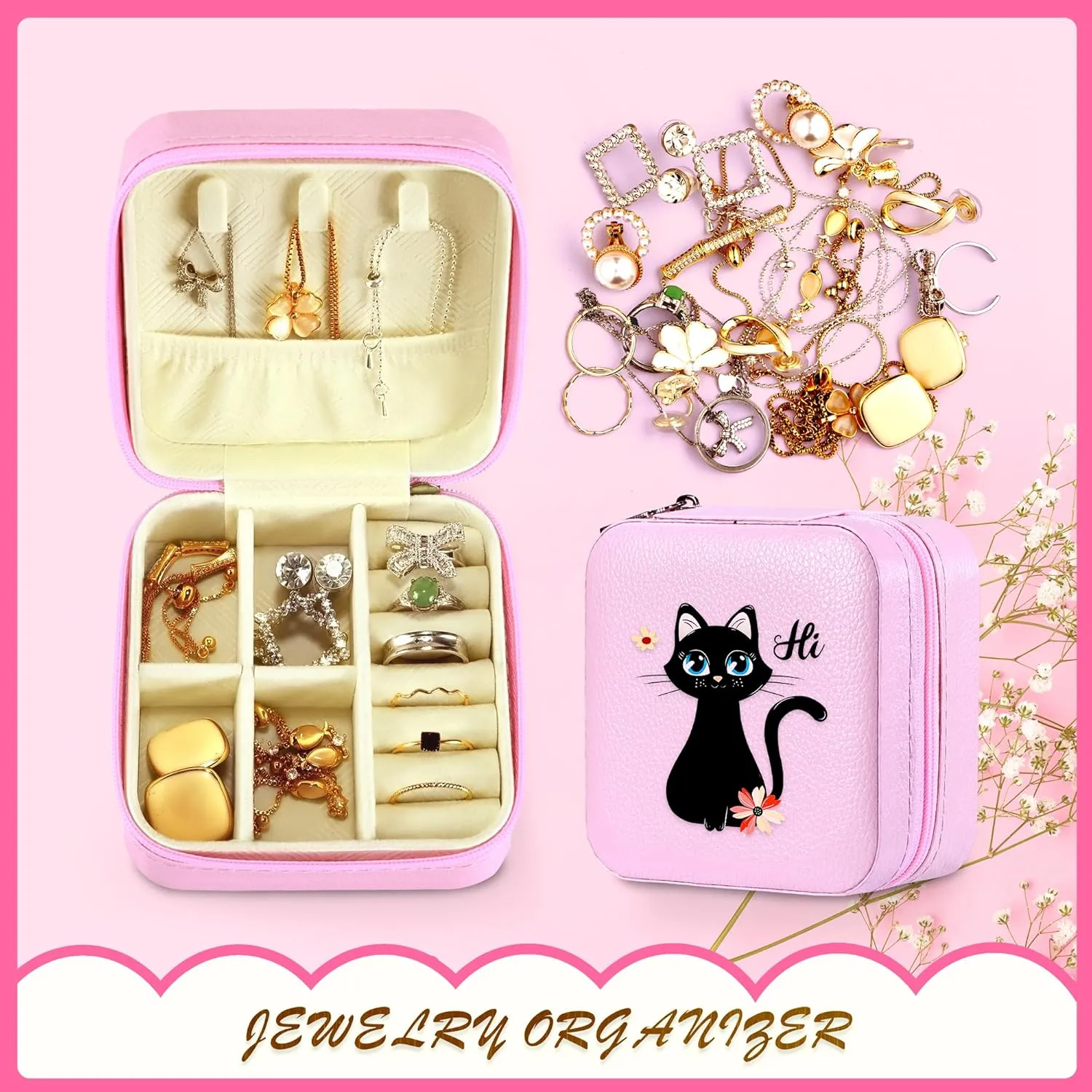 Jewelry Box, Black Cat Gifts For Teens Teenage Girls Kids Age 6 7 8 9 10 11 12, Black Cat Lovers Stuff Items Things Decor, Travel Ring Earrings Necklace Organizer Holder!