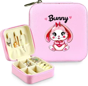Jewelry Box, Bunny Gifts For Teens Teenage Girls Kids Age 6 7 8 9 10 11 12, Bunny Lovers Stuff Items Accessories Things Decor, Travel Ring Earrings Necklace Organizer Holder!