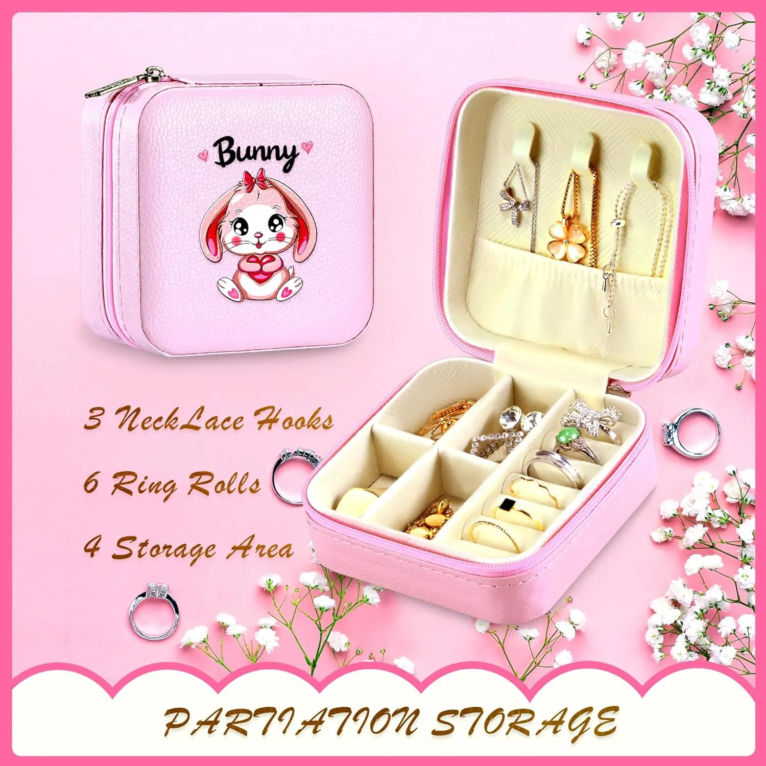 Jewelry Box, Bunny Gifts For Teens Teenage Girls Kids Age 6 7 8 9 10 11 12, Bunny Lovers Stuff Items Accessories Things Decor, Travel Ring Earrings Necklace Organizer Holder!