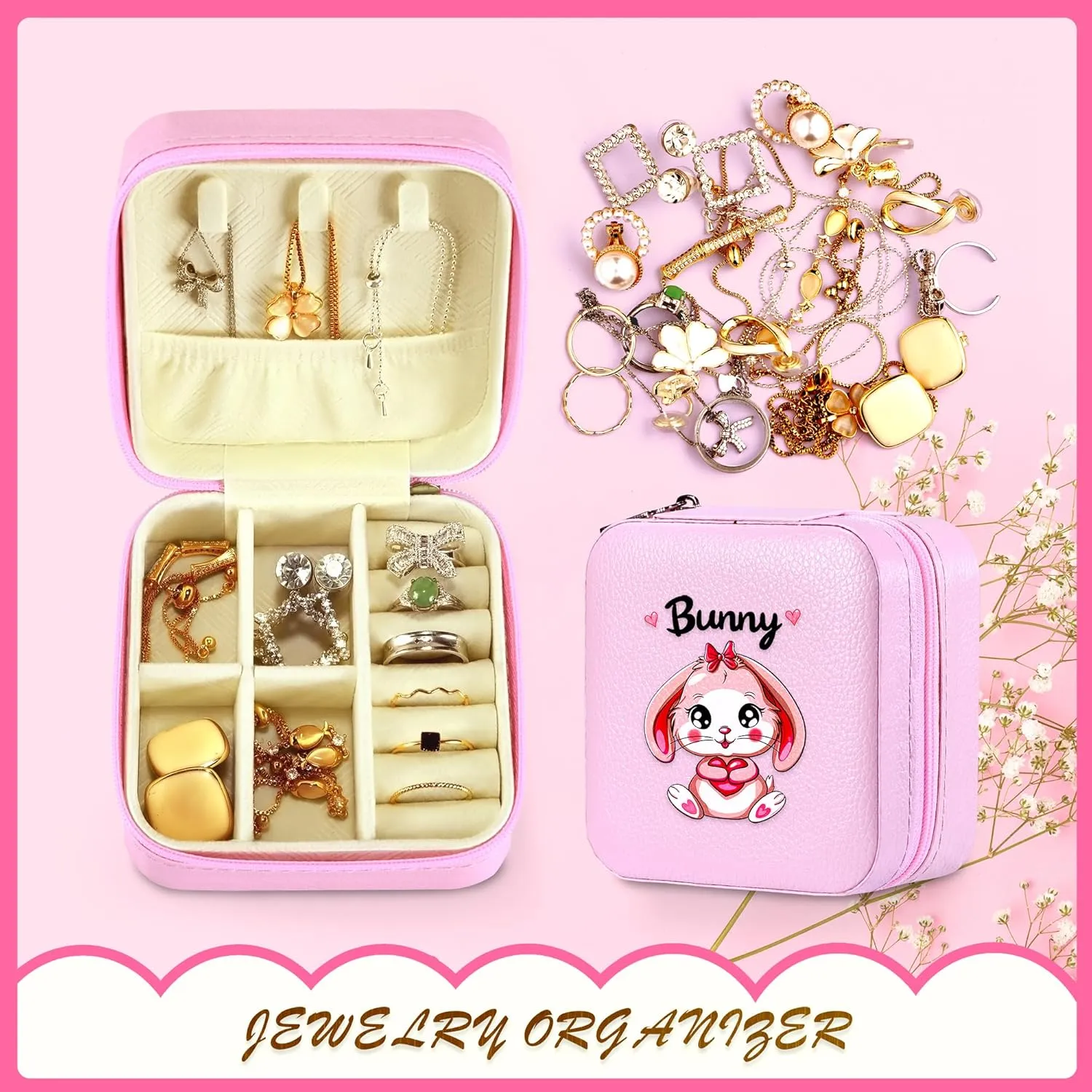 Jewelry Box, Bunny Gifts For Teens Teenage Girls Kids Age 6 7 8 9 10 11 12, Bunny Lovers Stuff Items Accessories Things Decor, Travel Ring Earrings Necklace Organizer Holder!