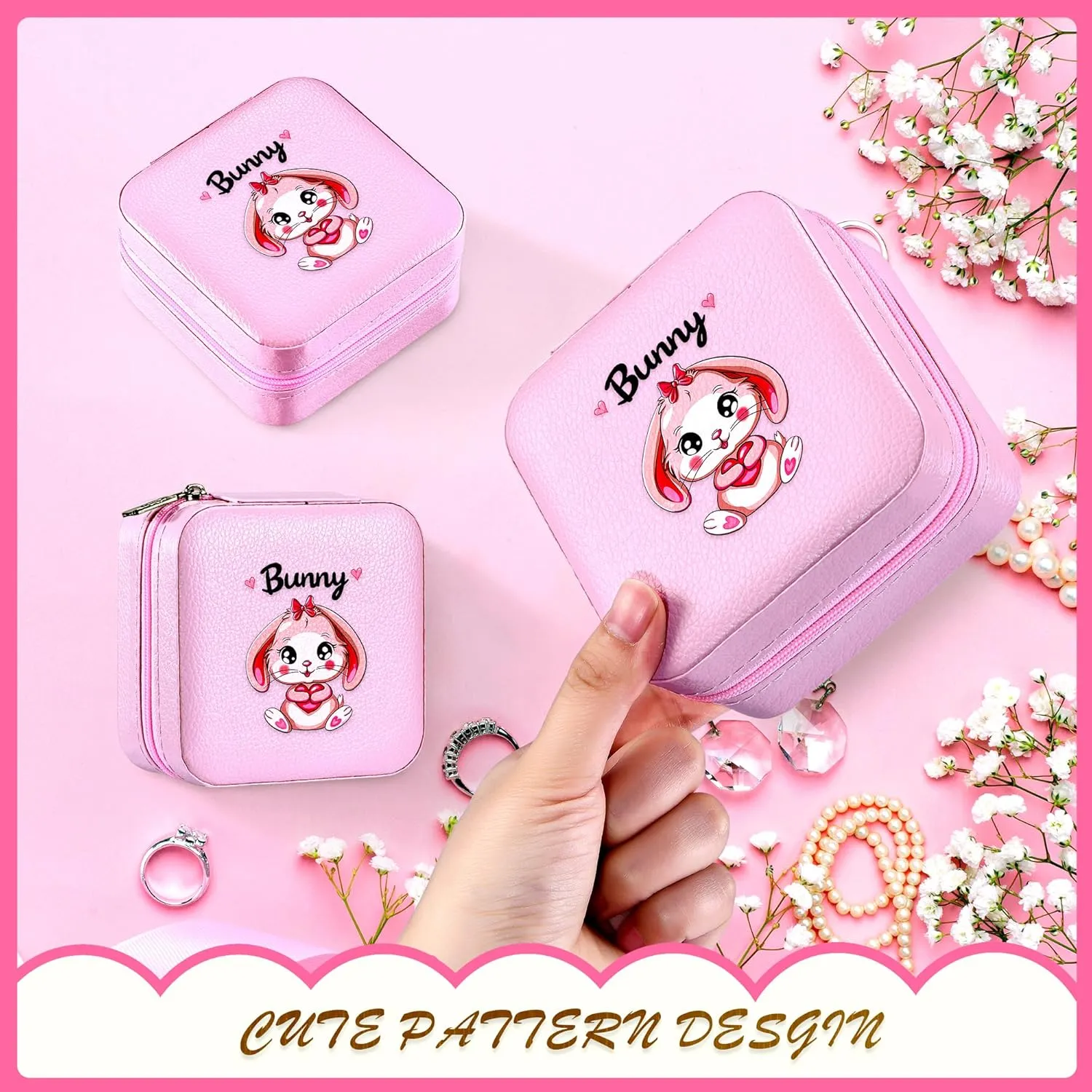 Jewelry Box, Bunny Gifts For Teens Teenage Girls Kids Age 6 7 8 9 10 11 12, Bunny Lovers Stuff Items Accessories Things Decor, Travel Ring Earrings Necklace Organizer Holder!