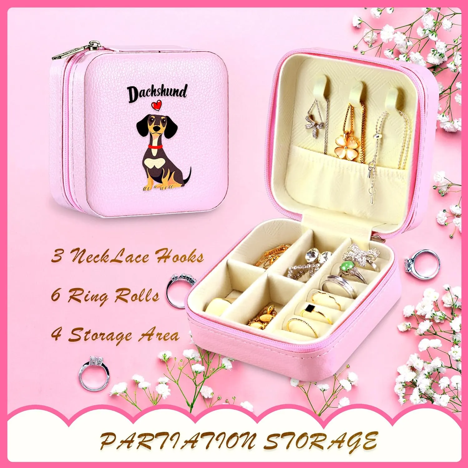 Jewelry Box, Dachshund Gifts For Teens Teenage Girls Kids Age 6 7 8 9 10 11 12, Dachshund Lovers Stuff Items Accessories Things Decor, Travel Ring Earrings Necklace Organizer Holder!