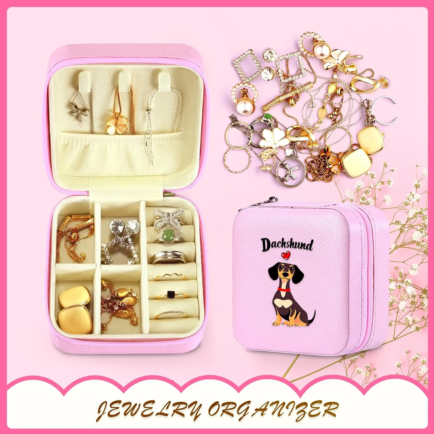 Jewelry Box, Dachshund Gifts For Teens Teenage Girls Kids Age 6 7 8 9 10 11 12, Dachshund Lovers Stuff Items Accessories Things Decor, Travel Ring Earrings Necklace Organizer Holder!