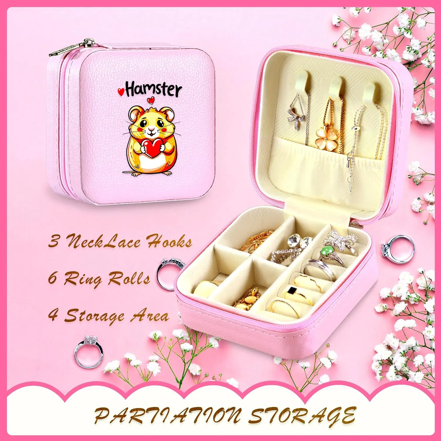 Jewelry Box, Hamster Gifts For Teens Teenage Girls Kids Age 6 7 8 9 10 11 12, Hamster Lovers Stuff Items Accessories Things Decor, Travel Ring Earrings Necklace Organizer Holder!