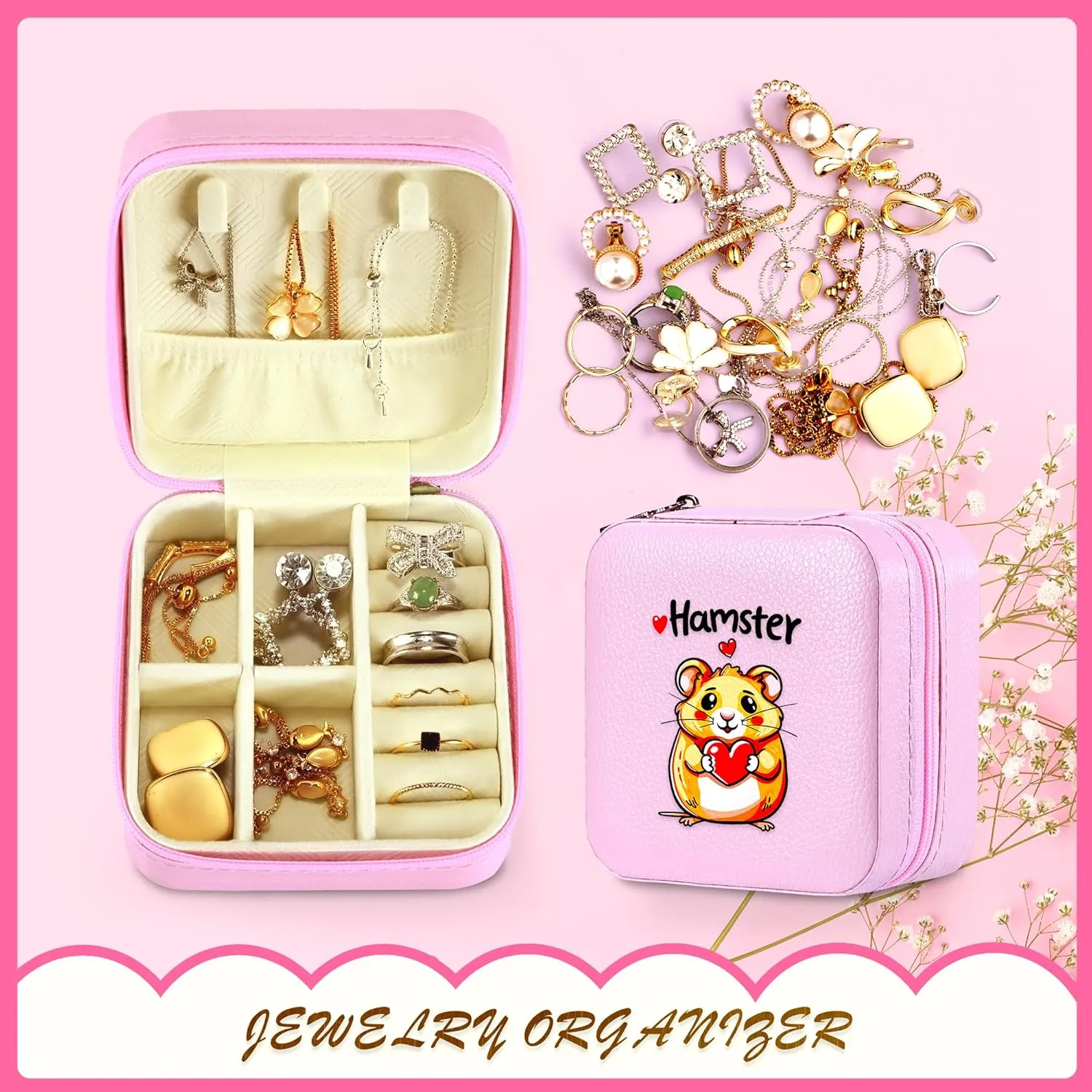 Jewelry Box, Hamster Gifts For Teens Teenage Girls Kids Age 6 7 8 9 10 11 12, Hamster Lovers Stuff Items Accessories Things Decor, Travel Ring Earrings Necklace Organizer Holder!