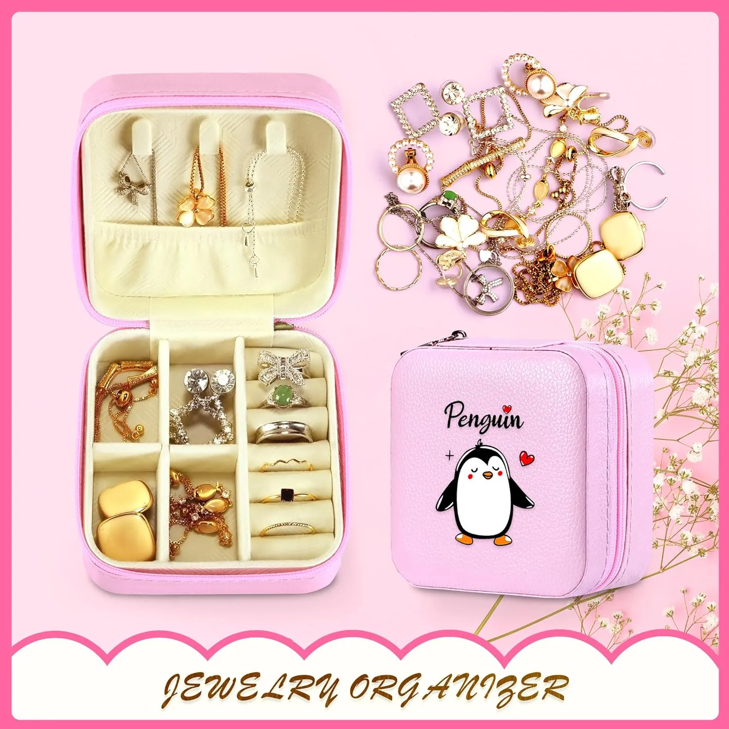 Jewelry Box, Penguin Gifts For Teens Teenage Girls Kids Age 6 7 8 9 10 11 12, Penguin Lovers Stuff Items Accessories Things Decor, Travel Ring Earrings Necklace Organizer Holder!