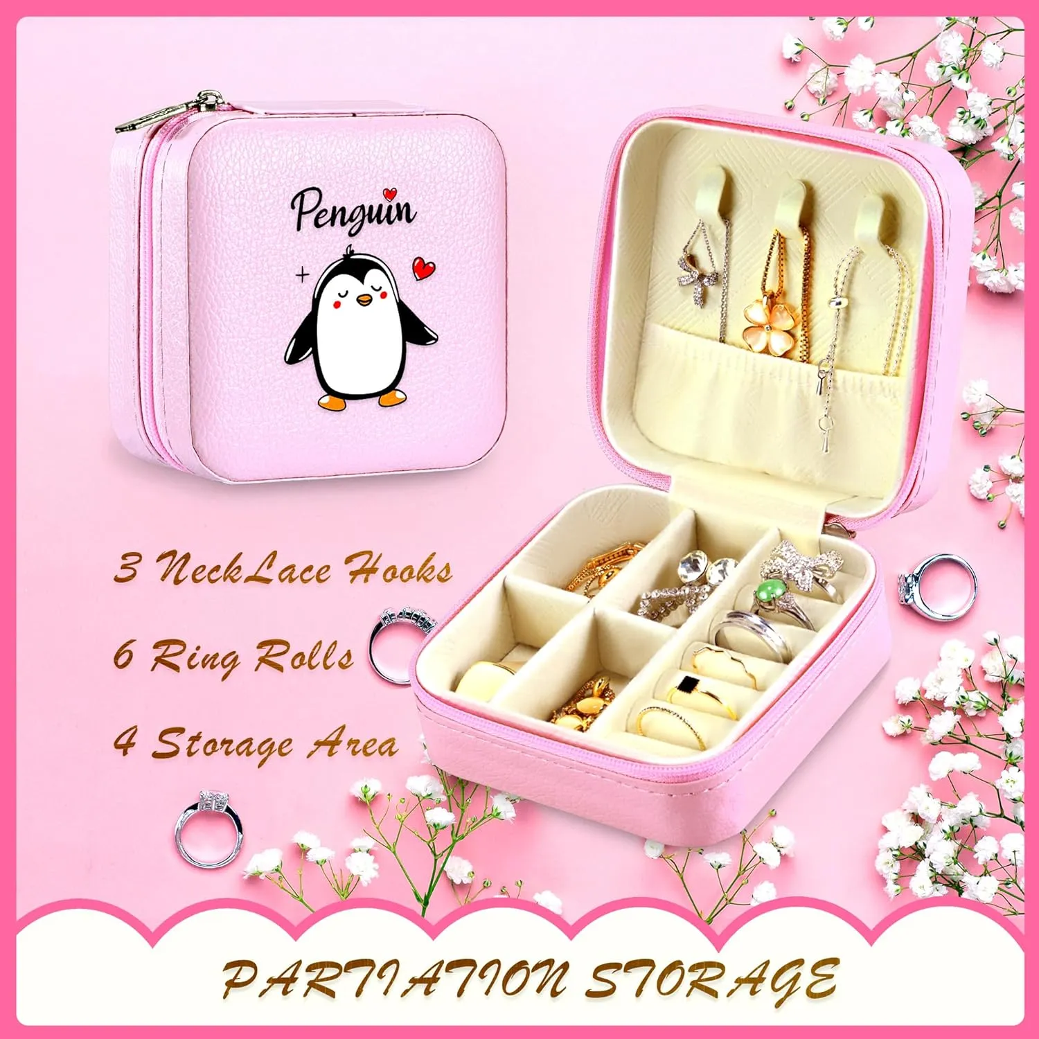 Jewelry Box, Penguin Gifts For Teens Teenage Girls Kids Age 6 7 8 9 10 11 12, Penguin Lovers Stuff Items Accessories Things Decor, Travel Ring Earrings Necklace Organizer Holder!