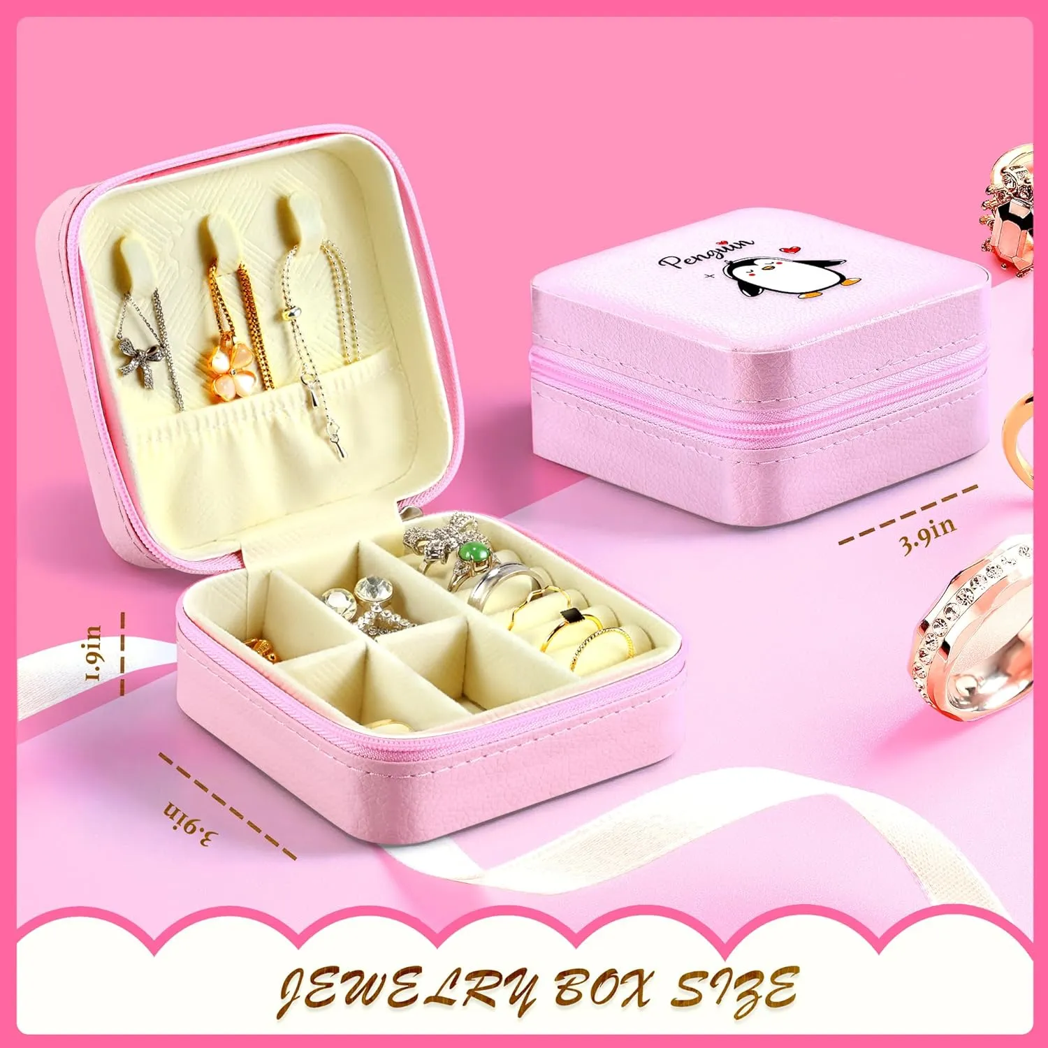 Jewelry Box, Penguin Gifts For Teens Teenage Girls Kids Age 6 7 8 9 10 11 12, Penguin Lovers Stuff Items Accessories Things Decor, Travel Ring Earrings Necklace Organizer Holder!