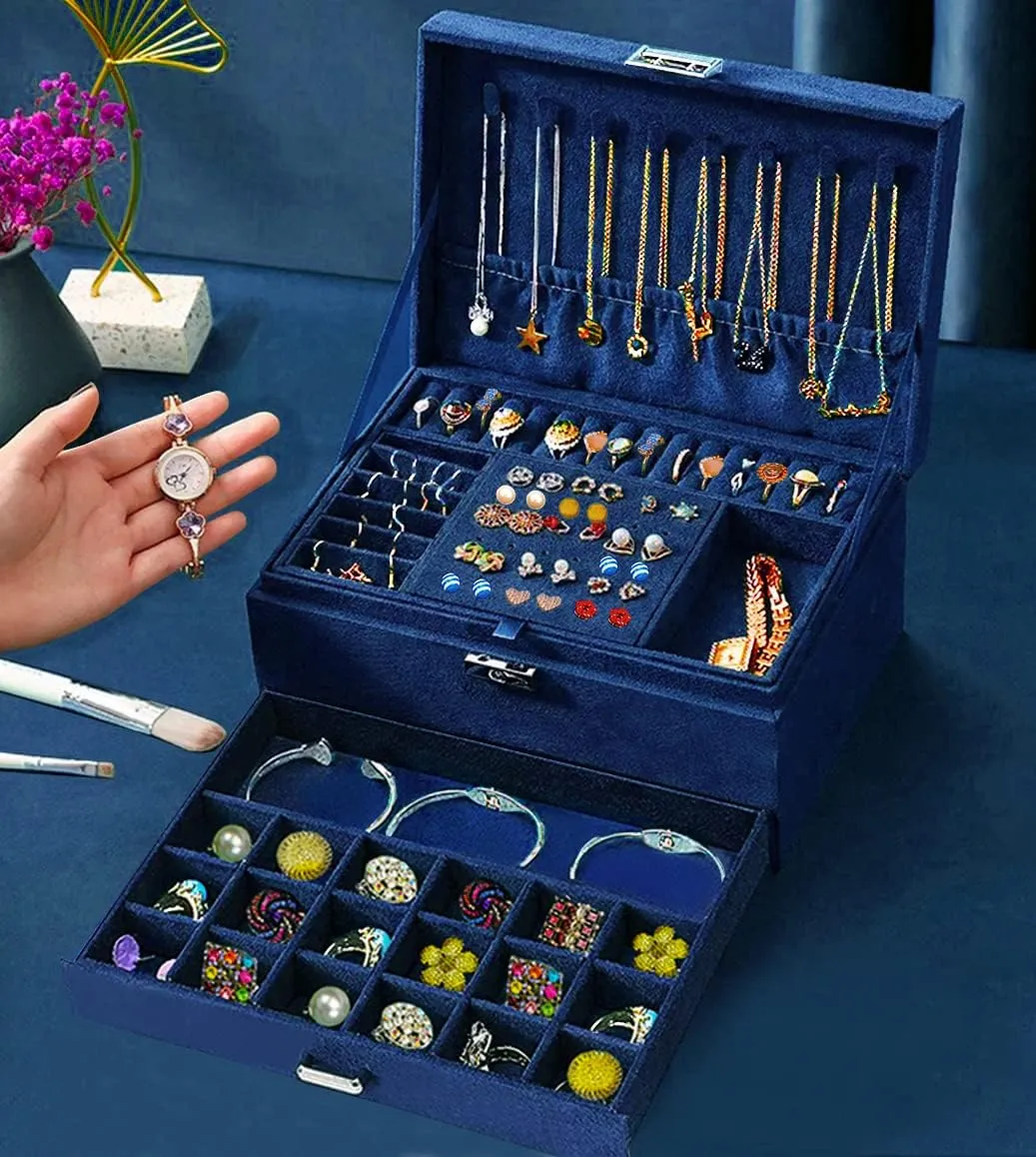 Jewelry Boxes for Women Navy Velvet Jewelry Organizer with Lock,Teen Jewelry Organizers and Storage Earring and Necklace Holder Organizer Box Womens Jewelry Box for Necklaces Earrings Rings Bracelets