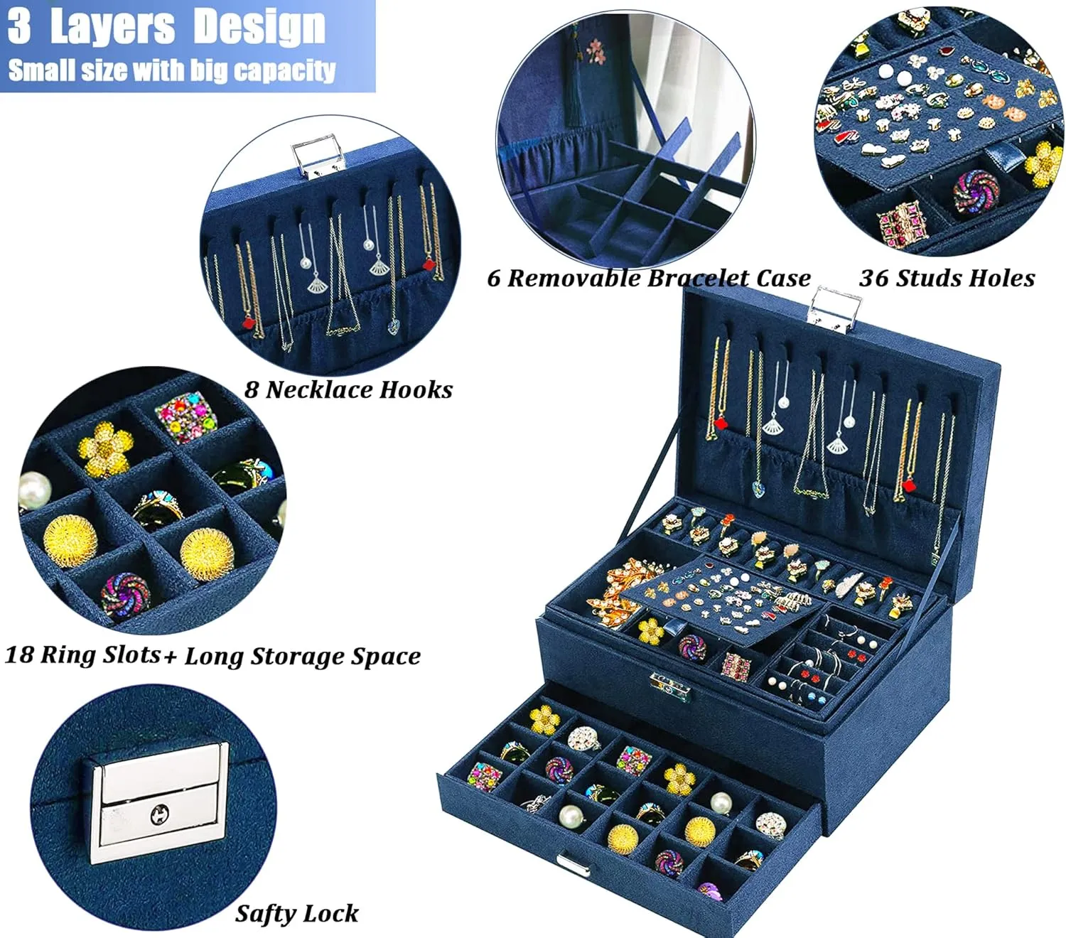 Jewelry Boxes for Women Navy Velvet Jewelry Organizer with Lock,Teen Jewelry Organizers and Storage Earring and Necklace Holder Organizer Box Womens Jewelry Box for Necklaces Earrings Rings Bracelets