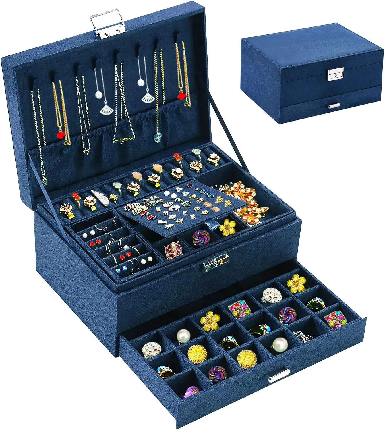 Jewelry Boxes for Women Navy Velvet Jewelry Organizer with Lock,Teen Jewelry Organizers and Storage Earring and Necklace Holder Organizer Box Womens Jewelry Box for Necklaces Earrings Rings Bracelets