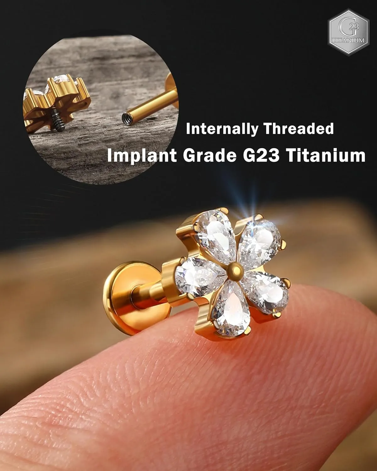 Jewseen G23 Titanium Flat Back Earrings 16g Internally Threaded Lip Stud Flower Helix Tragus Earrings Nose Stud Cartilage Piercing Jewelry for Women