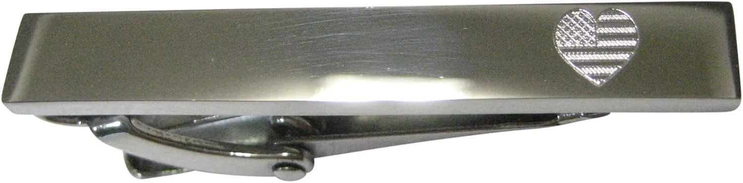 Kiola Designs Silver Toned Etched Sleek American Flag with Heart Skinny Tie Clip