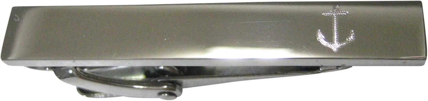 Kiola Designs Silver Toned Etched Sleek Skinny Nautical Anchor Skinny Tie Clip