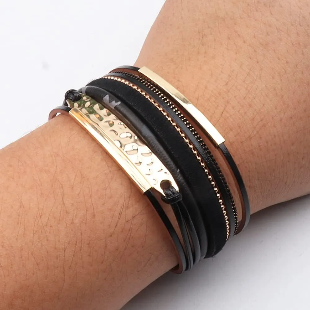 KSQS Multi-layer Leather Wrap Cuff Bracelet, Boho Wide Braided Buckle Bracelets for Women, Waterproof Leather Wristband Bangles
