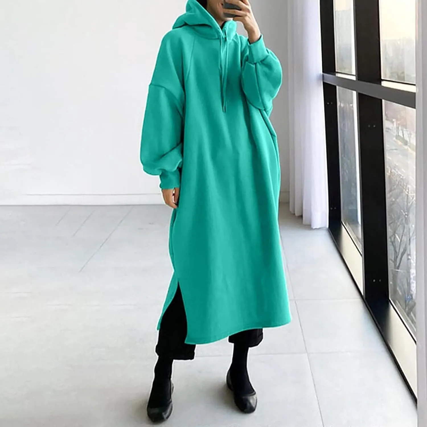Kubbon Women's Pullover Hoodie Fleece Hooded Sweatshirt Maxi Dress Baggy Loose Long Sleeve Tops Plus Size Business Shirts