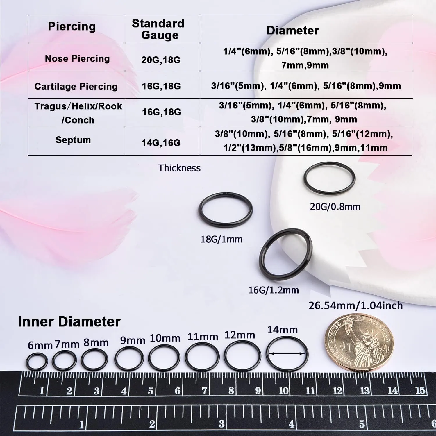 Lantine 5Pcs Grade 23 Titanium 16g 18g 20g Nose Ring Hoop Set Hinge Clicker Septum Rings Tragus Piercing Cartilage Hoop Earrings for Women Men 6-12mm