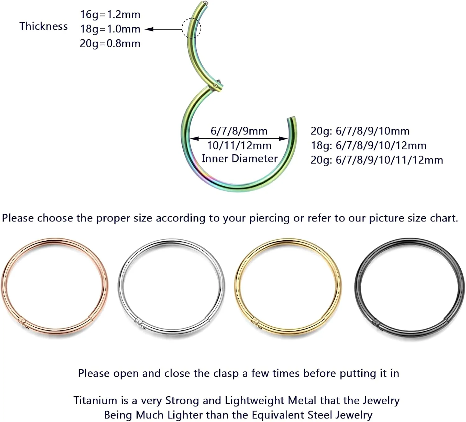 Lantine 5Pcs Grade 23 Titanium 16g 18g 20g Nose Ring Hoop Set Hinge Clicker Septum Rings Tragus Piercing Cartilage Hoop Earrings for Women Men 6-12mm