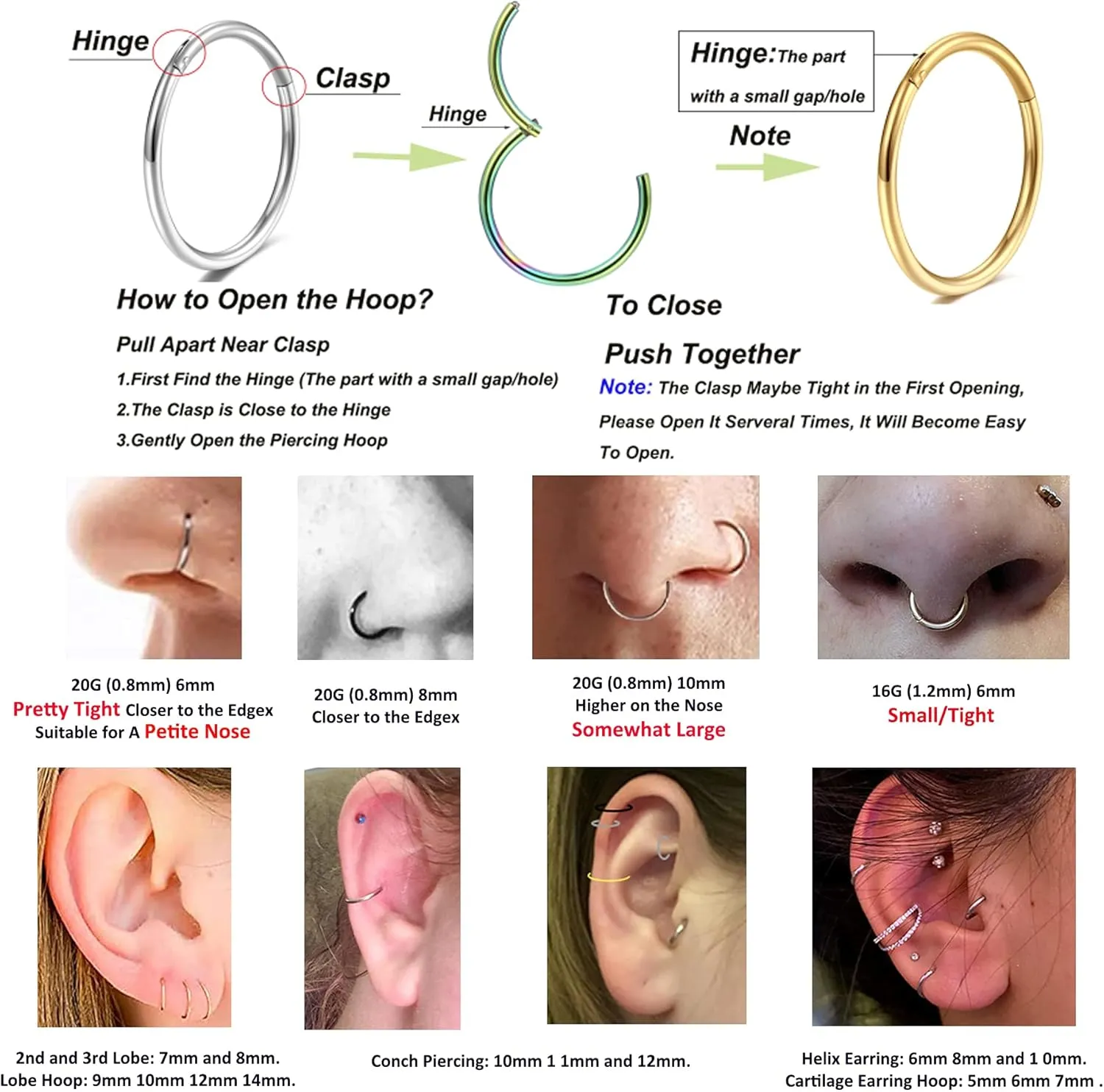 Lantine 5Pcs Grade 23 Titanium 16g 18g 20g Nose Ring Hoop Set Hinge Clicker Septum Rings Tragus Piercing Cartilage Hoop Earrings for Women Men 6-12mm
