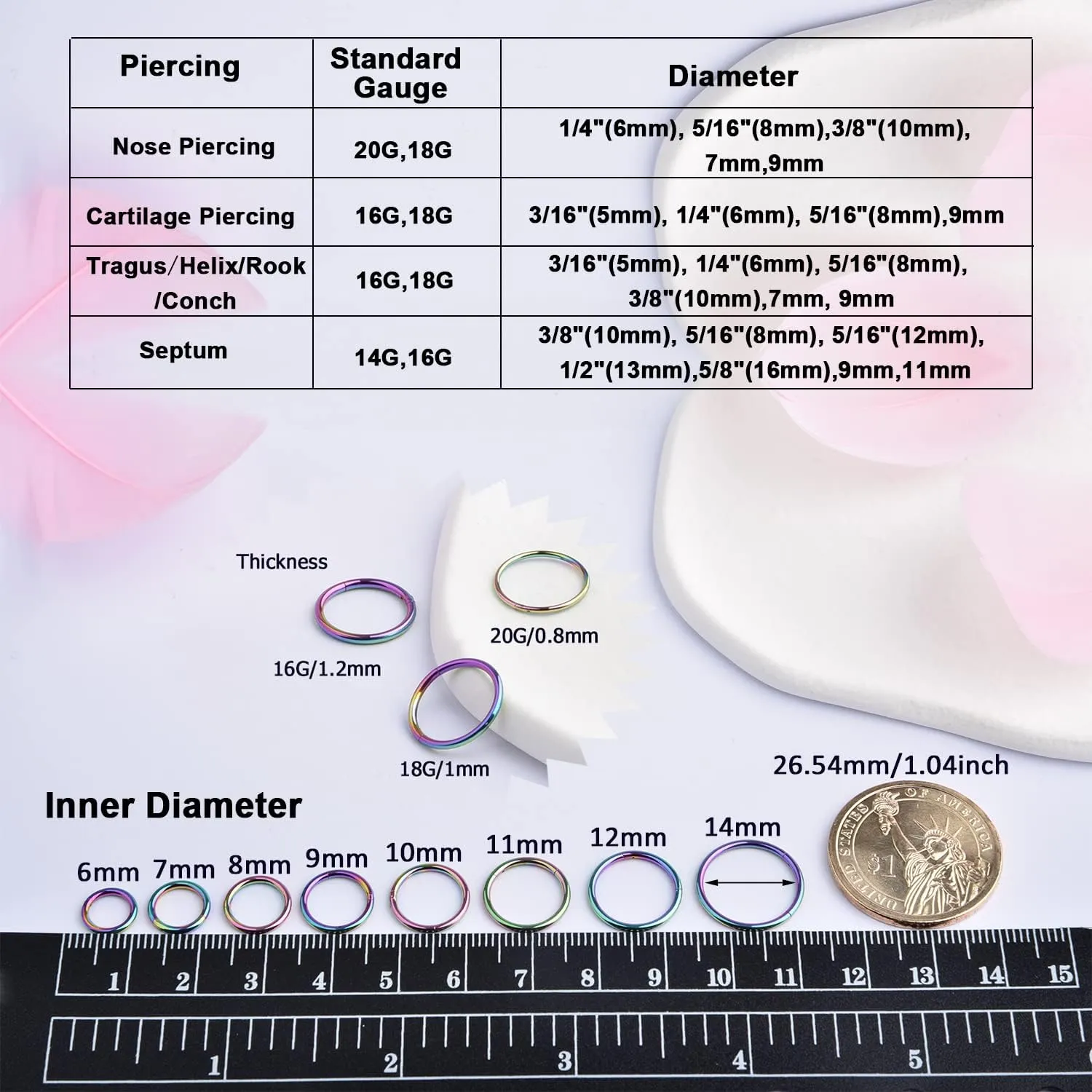 Lantine 6-12Pcs 18g 20g Nose Rings for Women Men 316L Surgical Steel 16g Septum Ring Cute Tiny Cartilage Helix Conch Daith Tragus Earrings 6-16mm Set