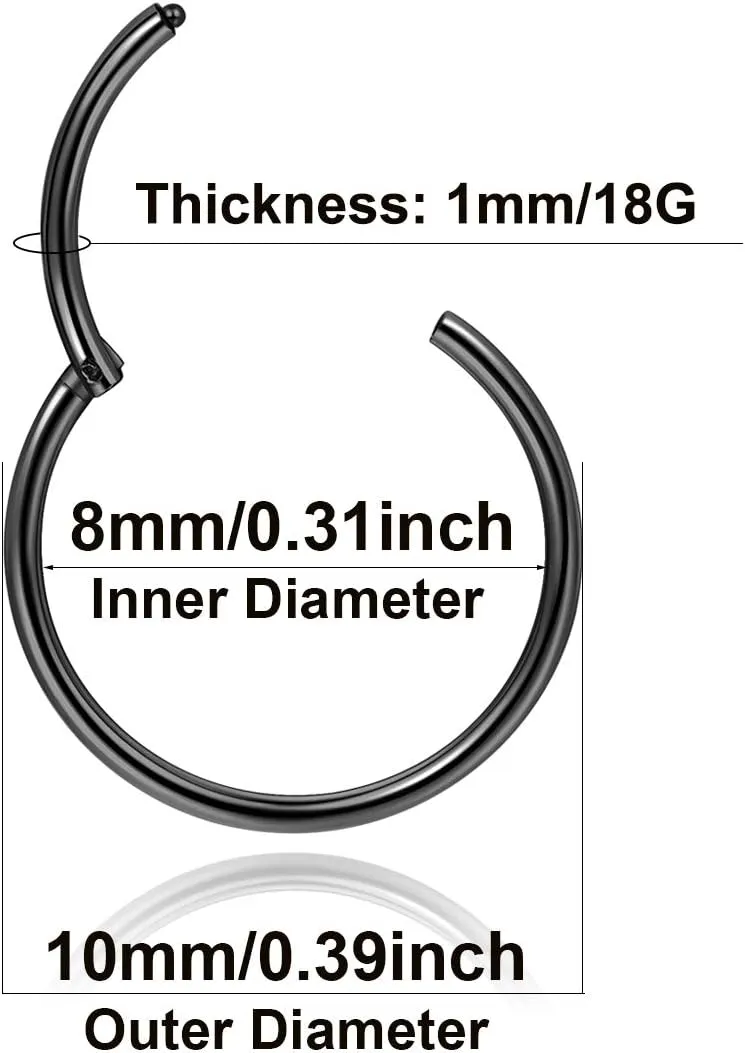 Lantine Black Hinged 20g 18g 16g Nose Rings Hoops 6mm 8mm 10mm 12mm 14mm 16mm Septum Ring Clicker Cartilage Helix Hoop Earrings Set