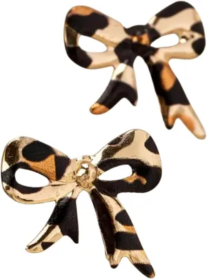 Leopard Print Bow Earrings, Gold Tone Metal, Fashion Jewelry, 2-Piece Set