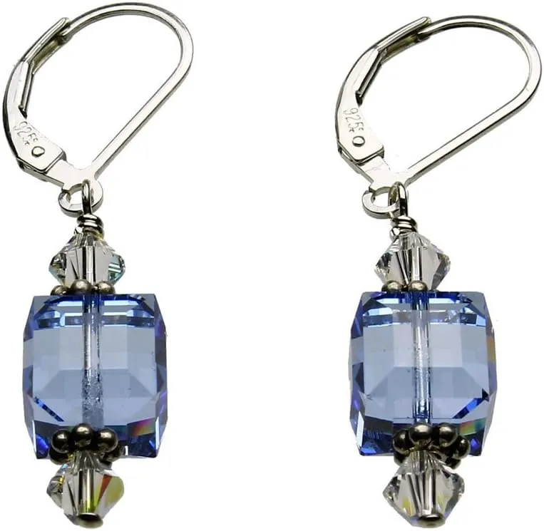 Light Blue Sterling Silver Leverback Earrings 8mm Crystal Cube