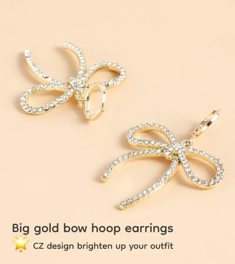 Lightweight Gold Plated Bow Hoop Earrings for Women, Dainty Rhinestone & Faux Pearl Drop Earrings with Removable Long Bow Pendant, Cute Bow Hoops Gift for Her