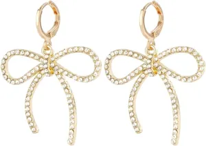 Lightweight Gold Plated Bow Hoop Earrings for Women, Dainty Rhinestone & Faux Pearl Drop Earrings with Removable Long Bow Pendant, Cute Bow Hoops Gift for Her