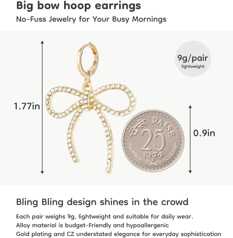 Lightweight Gold Plated Bow Hoop Earrings for Women, Dainty Rhinestone & Faux Pearl Drop Earrings with Removable Long Bow Pendant, Cute Bow Hoops Gift for Her