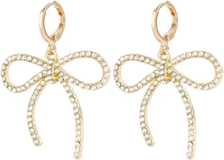 Lightweight Gold Plated Bow Hoop Earrings for Women, Dainty Rhinestone & Faux Pearl Drop Earrings with Removable Long Bow Pendant, Cute Bow Hoops Gift for Her