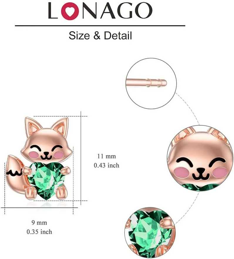 LONAGO Fox Earrings for Women 925 Sterling Silver Cute Fox Holding Heart Stud Earrings