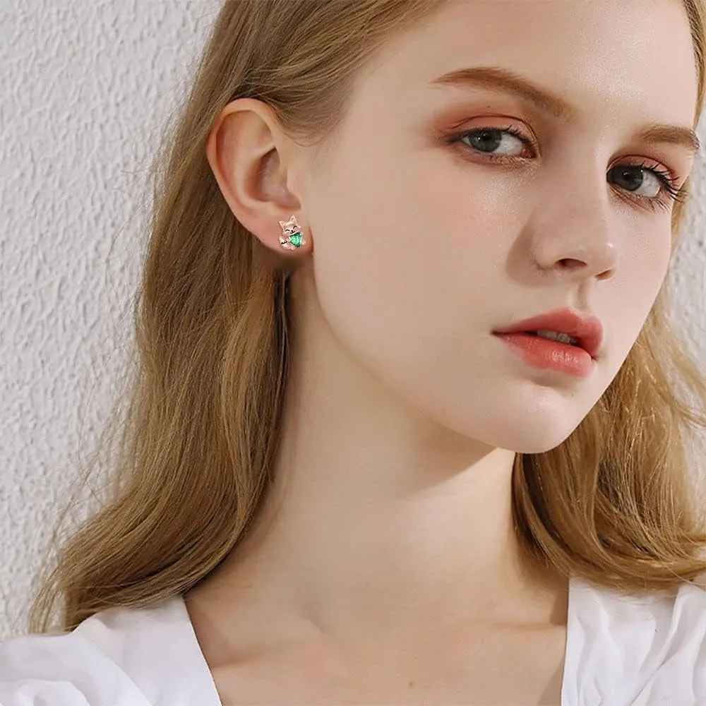 LONAGO Fox Earrings for Women 925 Sterling Silver Cute Fox Holding Heart Stud Earrings
