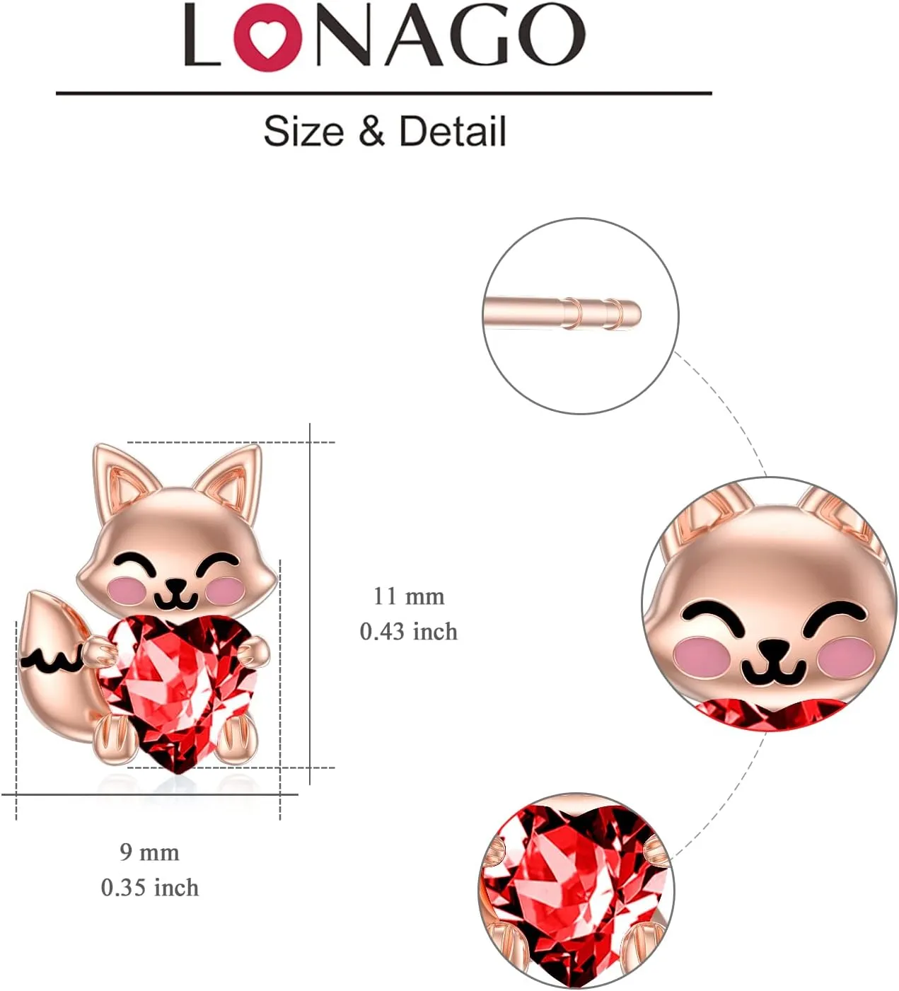 LONAGO Fox Earrings for Women 925 Sterling Silver Cute Fox Holding Heart Stud Earrings