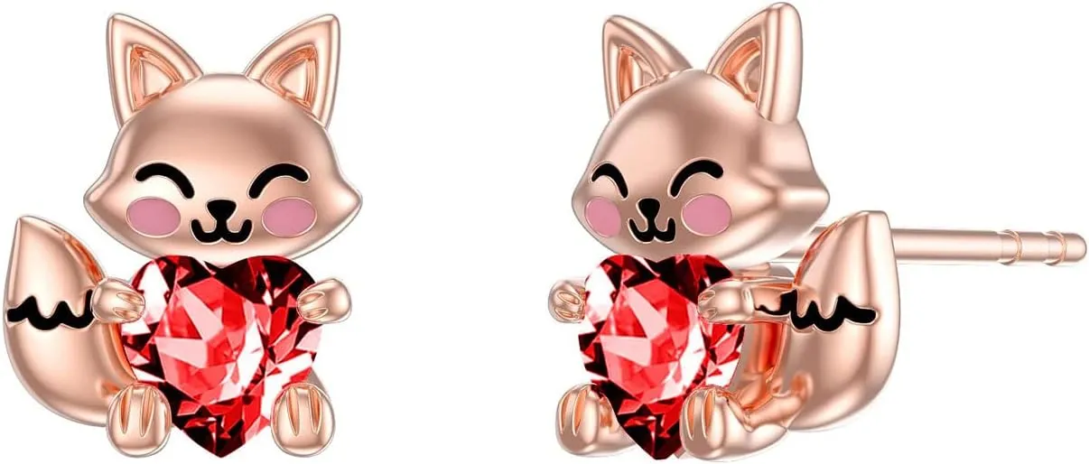 LONAGO Fox Earrings for Women 925 Sterling Silver Cute Fox Holding Heart Stud Earrings
