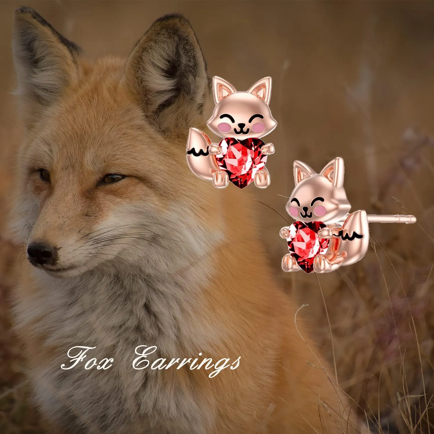 LONAGO Fox Earrings for Women 925 Sterling Silver Cute Fox Holding Heart Stud Earrings