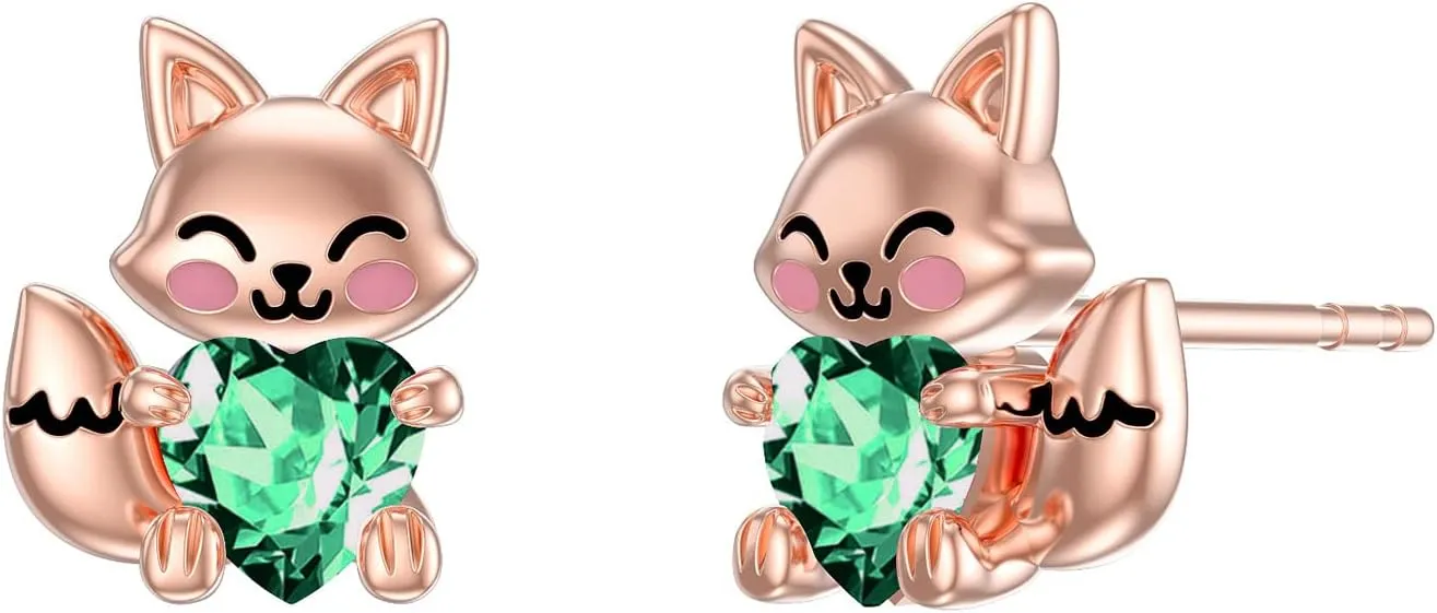 LONAGO Fox Earrings for Women 925 Sterling Silver Cute Fox Holding Heart Stud Earrings