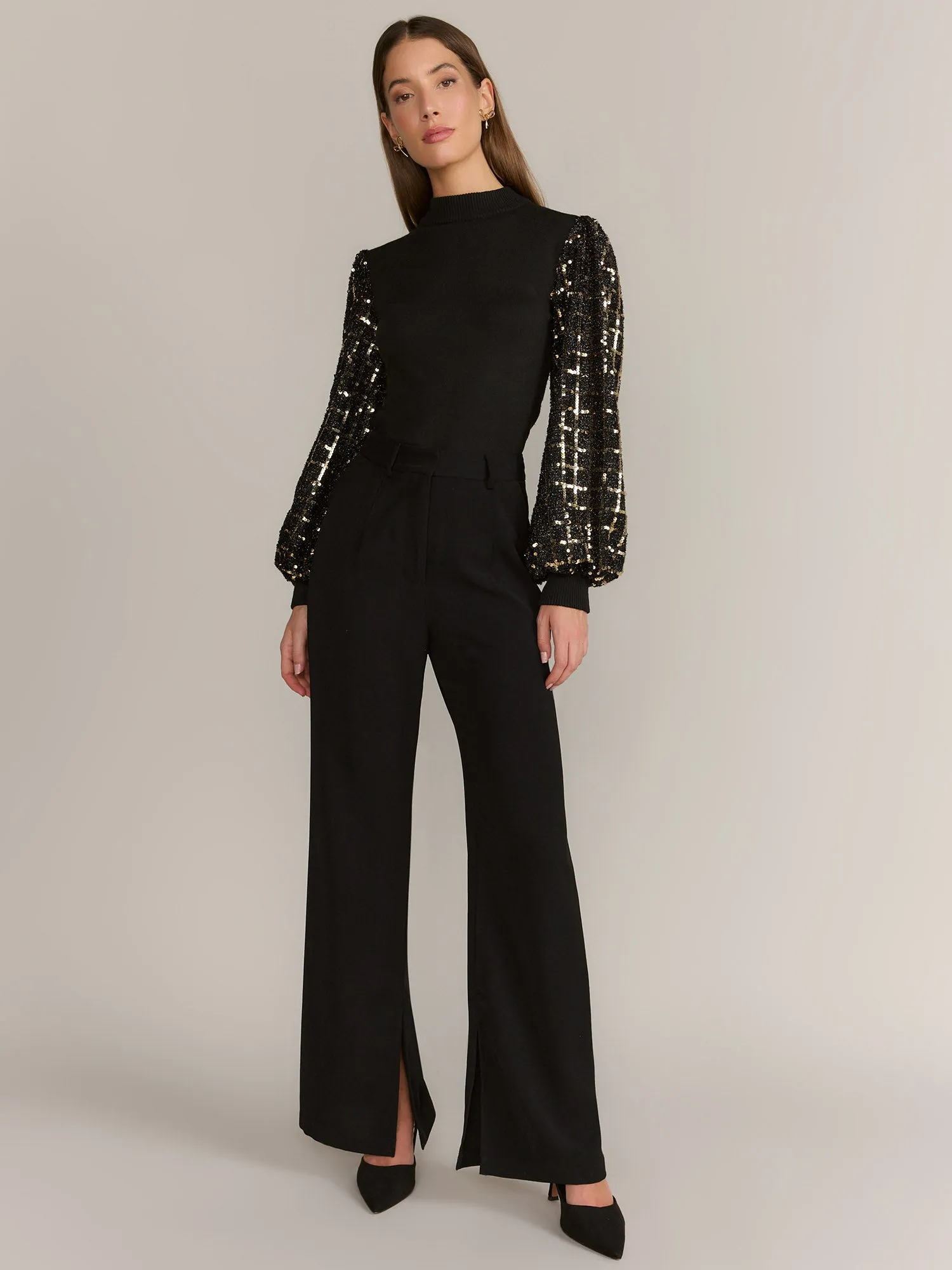 Long Sleeve Sequin Mixed Media Sweater